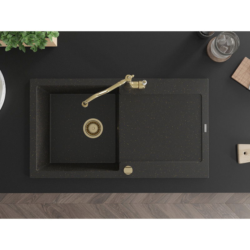 Mexen Leo žulový drez s jednou komorou a odkvapkávačom a kuchynskou batériou Carla, čierny/zlatý metalický - 6501-75-670700-50