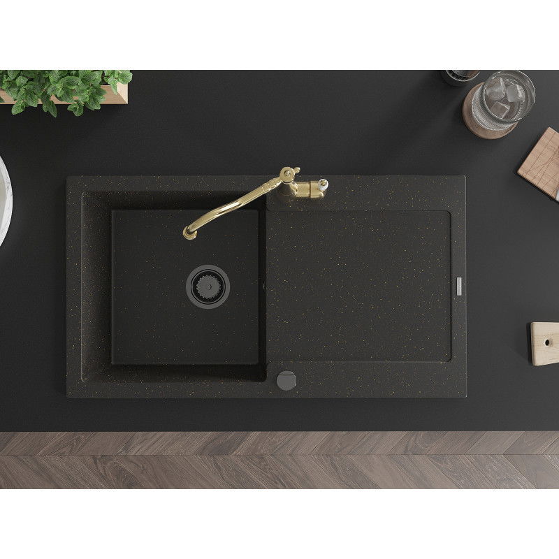 Mexen Leo granitový drez 1-komorový s odkvapkávačom a kuchynskou batériou Carla, čierny/zlatý metalik - 6501-75-670700-50-B