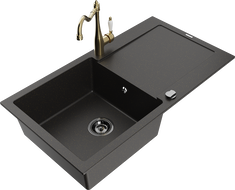 Mexen Leo granitový drez 1-komorový s odkvapkávačom a kuchynskou batériou Carla, čierny/zlatý metalik - 6501-75-670700-50-B