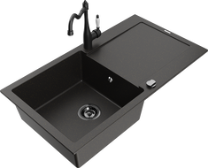 Mexen Leo jednokomorový žulový drez s odkvapkávačom a kuchynskou batériou Carla, čierna/zlatý metalik - 6501-75-670700-70-B