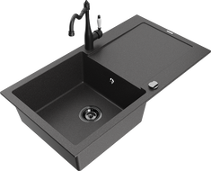 Mexen Leo žulový kuchynský drez s 1-komorou a odkvapkávačom a kuchynskou batériou Carla, čierny s bodkami - 6501-76-670700-70-B