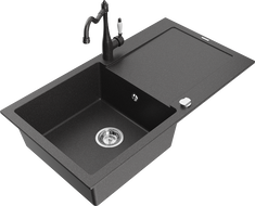 Mexen Leo žulový drez s 1 komorou a odkvapkávačom a kuchynskou batériou Carla, čierny škvrnitý - 6501-76-670700-76