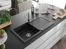 Mexen Leo žulový 1-komorový kuchynský drez s odkvapkávačom a batériou Carla, čierny - 6501-77-670700-00