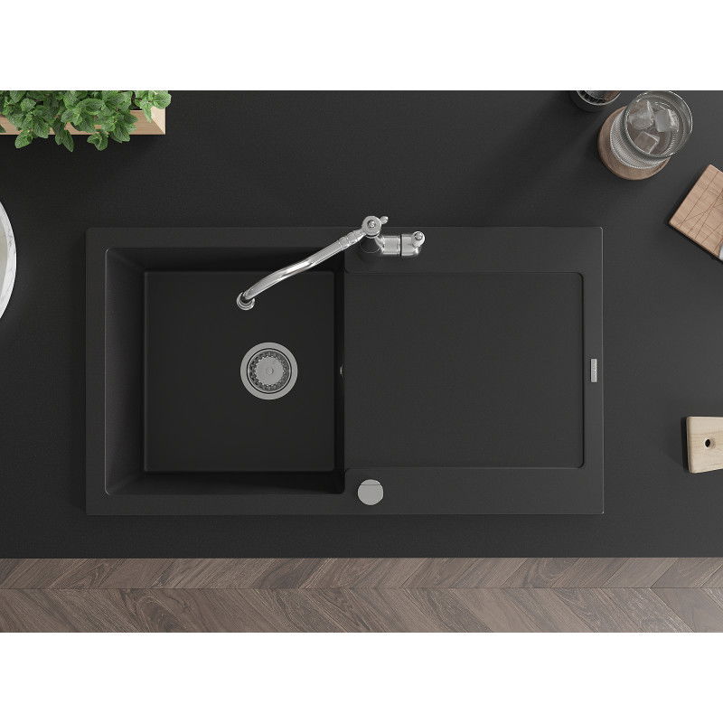 Mexen Leo žulový 1-komorový kuchynský drez s odkvapkávačom a batériou Carla, čierny - 6501-77-670700-00