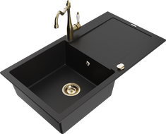 Mexen Leo granitový drez 1-komorový s odkvapkávačom a kuchynskou batériou Carla, čierny - 6501-77-670700-50