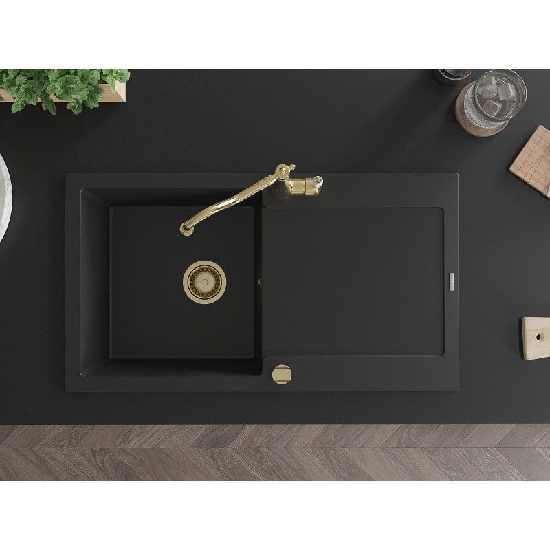 Mexen Leo granitový drez 1-komorový s odkvapkávačom a kuchynskou batériou Carla, čierny - 6501-77-670700-50