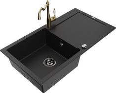 Mexen Leo žulový jednovrstvový kuchynský drez s odkvapkačom a kuchynskou batériou Carla, čierny - 6501-77-670700-50-B