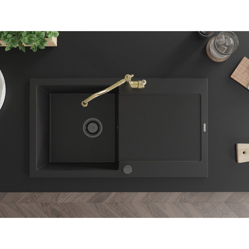 Mexen Leo žulový jednovrstvový kuchynský drez s odkvapkačom a kuchynskou batériou Carla, čierny - 6501-77-670700-50-B