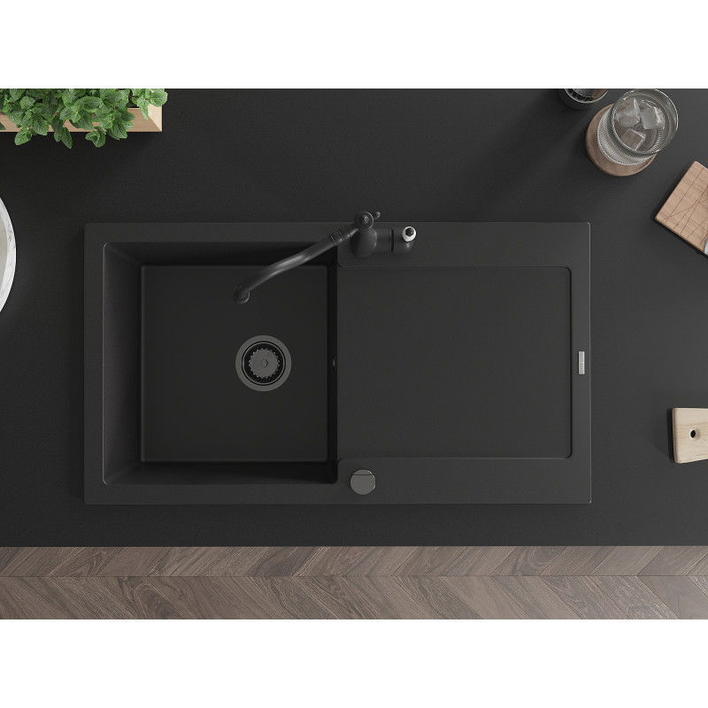Mexen Leo granitový drez s 1 komorou s odkvapkávačom a kuchynskou batériou Carla, čierny - 6501-77-670700-70-B