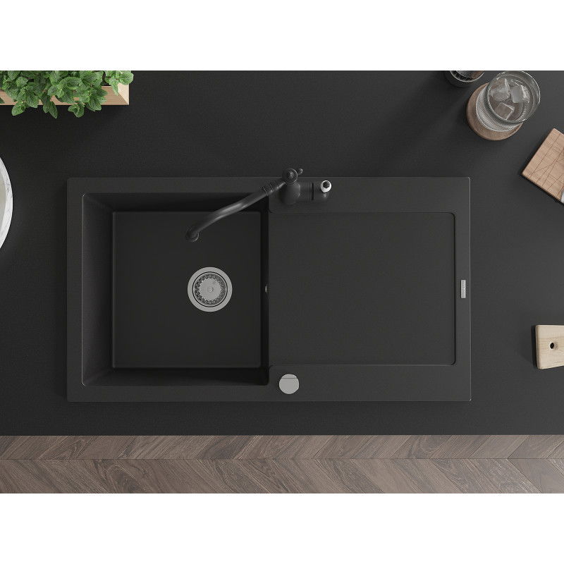 Mexen Leo žulový kuchynský drez s 1 komorou a odkvapkávačom a kuchynská batéria Carla, čierna - 6501-77-670700-70
