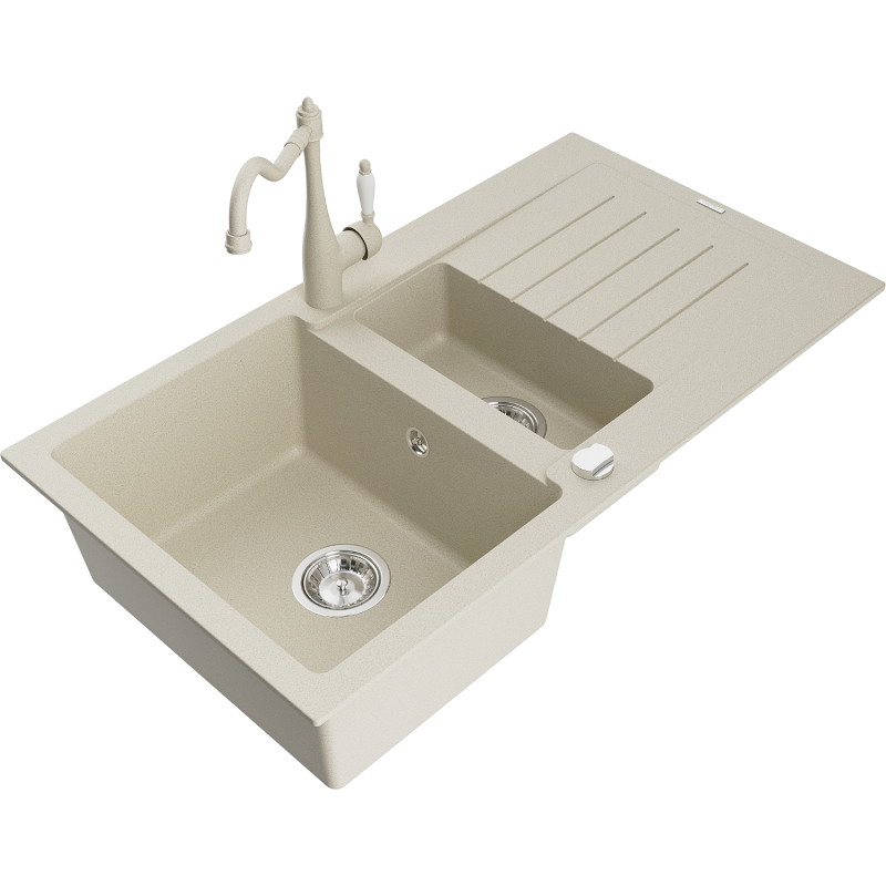 Mexen Matias granitový drez s 1,5 komorou s odkvapkávačom a kuchynskou batériou Carla, béžový - 6502-69-670700-69