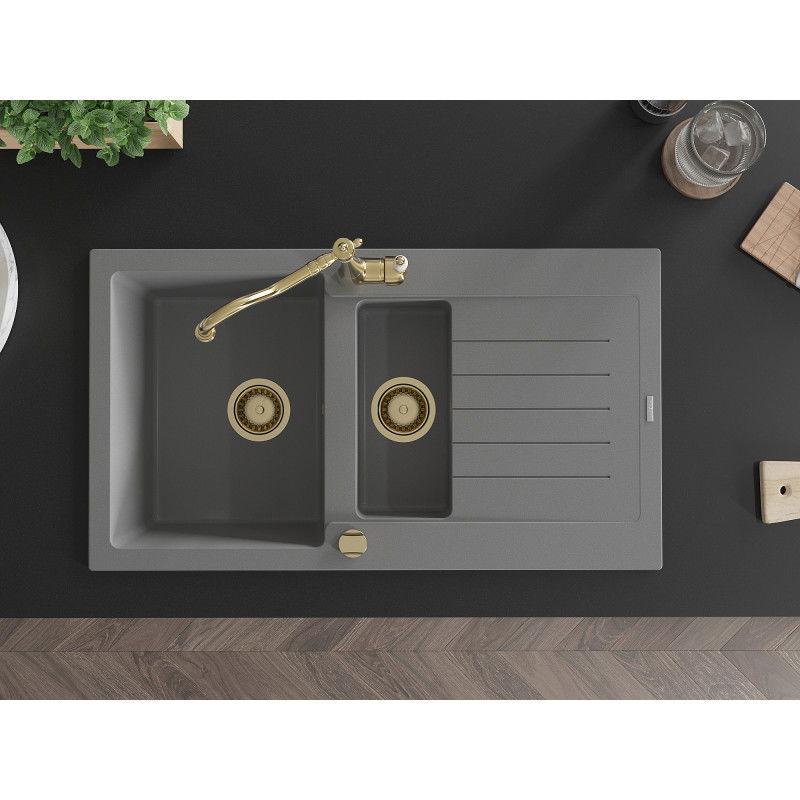 Mexen Matias žulový drez 1,5-komorový s odkvapkávačom a kuchynskou batériou Carla, šedý - 6502-71-670700-50