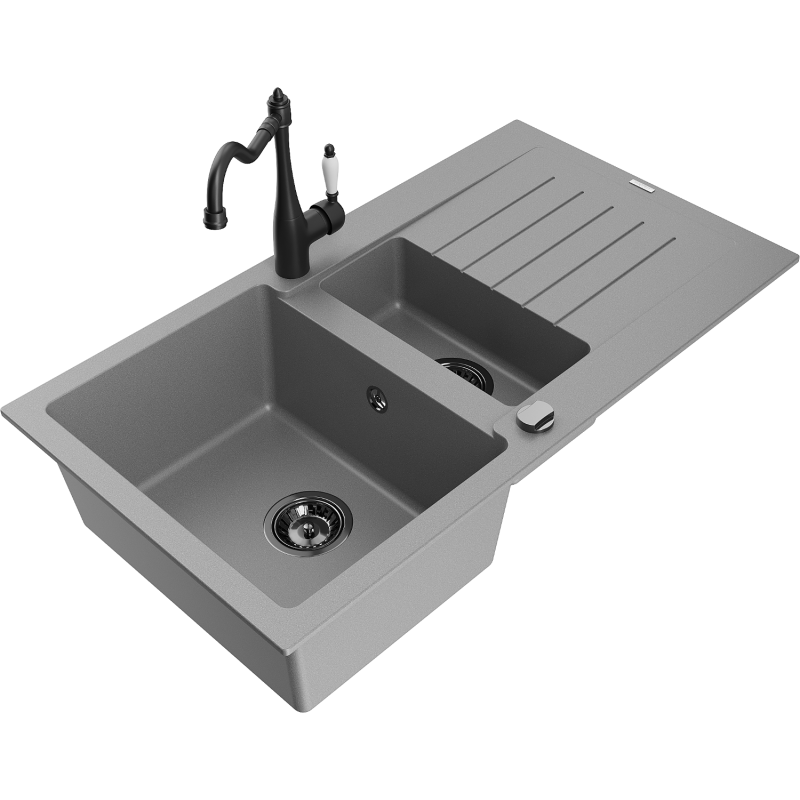 Mexen Matias žulový drez 1,5-komorový s odkvapkávačom a kuchynskou batériou Carla, sivý - 6502-71-670700-70-B