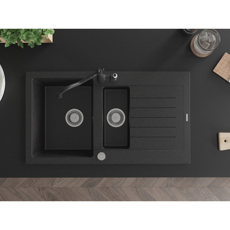 Mexen Matias žulový drez 1,5-kamorový s odkvapkávačom a kuchynskou batériou Carla čierny/strieborný metalik - 6502-73-670700-70