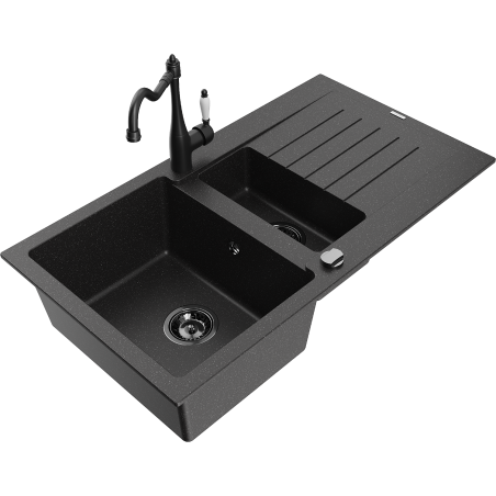 Mexen Matias žulový drez 1,5-komorový s odkvapkávačom a kuchynskou batériou Carla, čierny/strieborný - 6502-73-670700-70-B