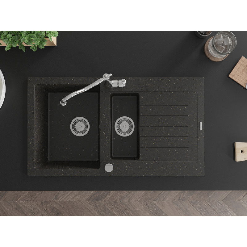 Mexen Matias granitový kuchynský drez s 1,5 komorami, odkvapkávačom a kuchynskou batériou Carla, čierny/zlatý metalický