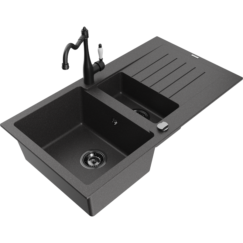 Mexen Matias granitový drez 1,5-komorový s odkvapkávačom a kuchynskou batériou Carla, čierny s bodkami