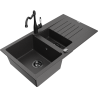 Mexen Matias granitový drez 1,5-komorový s odkvapkávačom a kuchynskou batériou Carla, čierny s bodkami