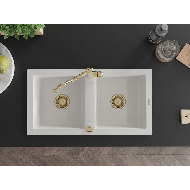 Mexen Mario dvojkomorový žulový drez s kuchynskou batériou Carla, biely - 6504-20-670700-50