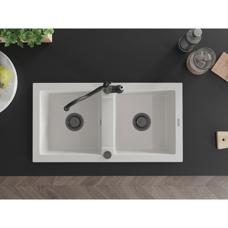 Mexen Mario granitový drez 2-komorový s kuchynskou batériou Carla, biely - 6504-20-670700-70