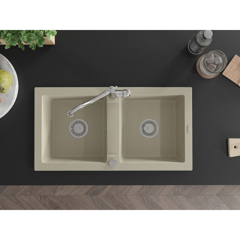 Mexen Mario žulový drez s dvomi komorami a kuchynskou batériou Carla, béžový - 6504-69-670700-00