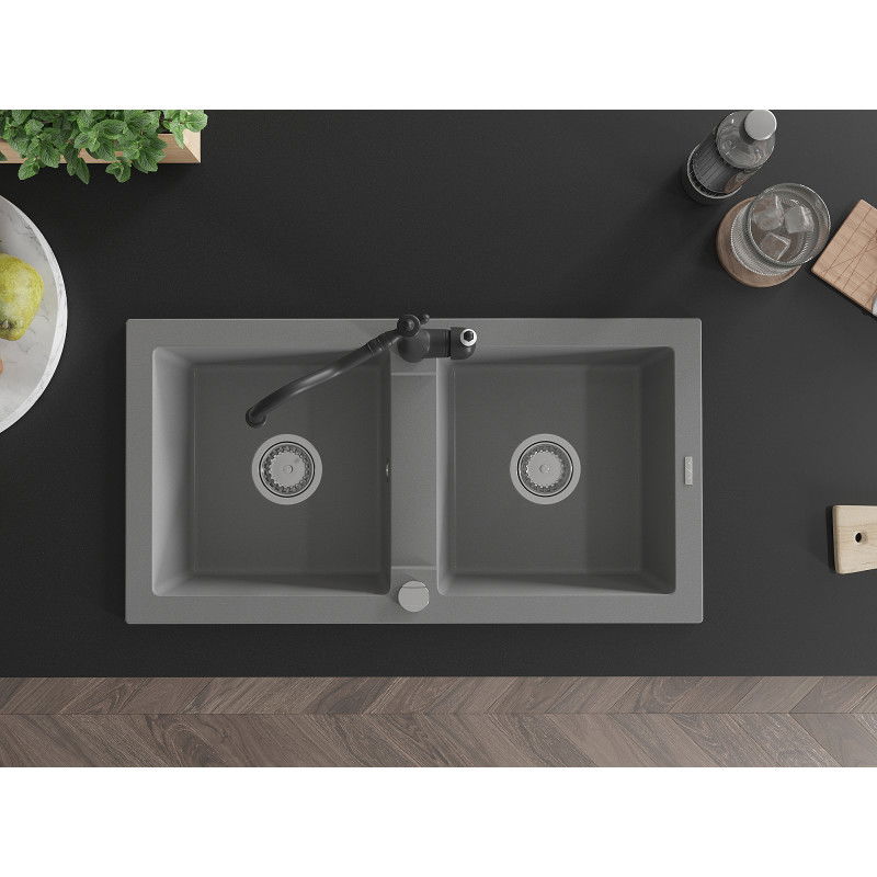 Mexen Mario žulový drez s 2 komorami s kuchynskou batériou Carla, sivý - 6504-71-670700-70
