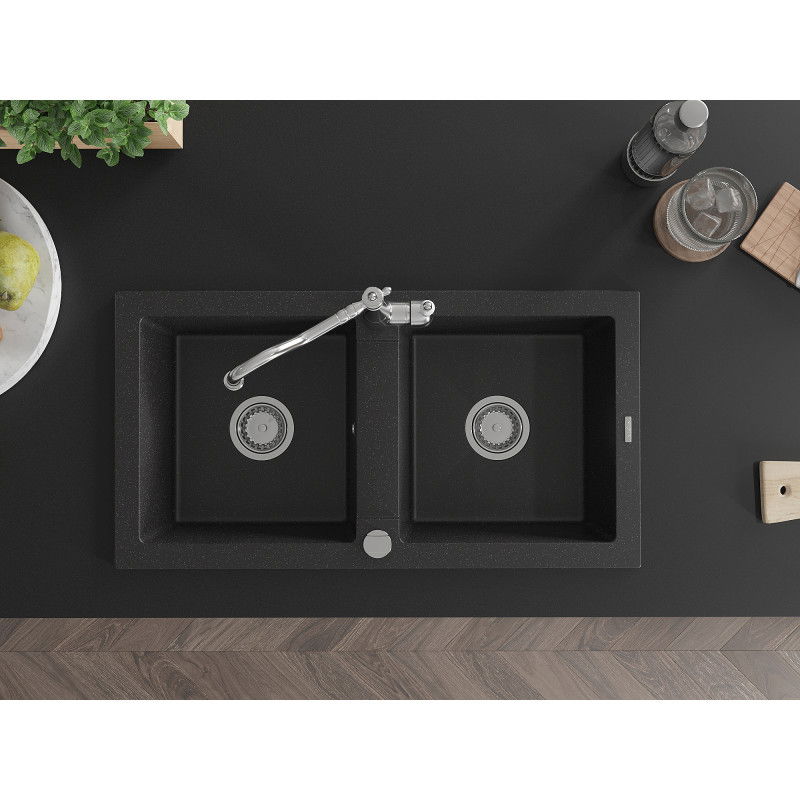 Mexen Mario žulový kuchynský drez s 2 komorami a kuchynskou batériou Carla, čierna/strieborný metalik - 6504-73-670700-00