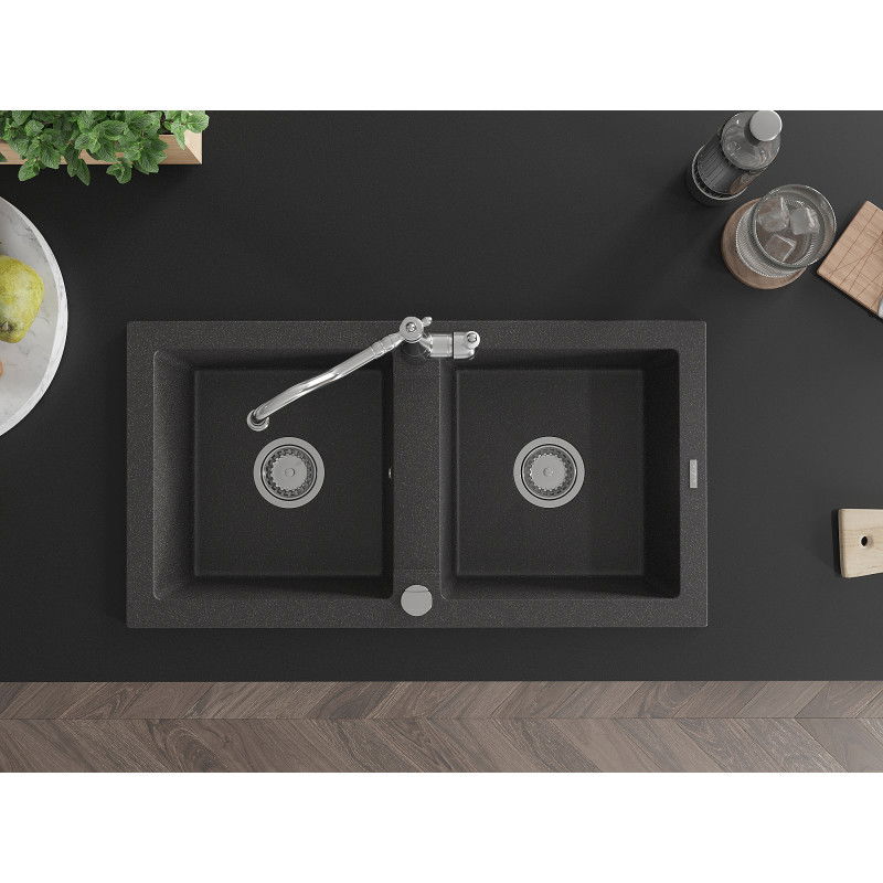 Mexen Mario granitový drez 2-komorový s kuchynskou batériou Carla, čierny bodkovaný - 6504-76-670700-00