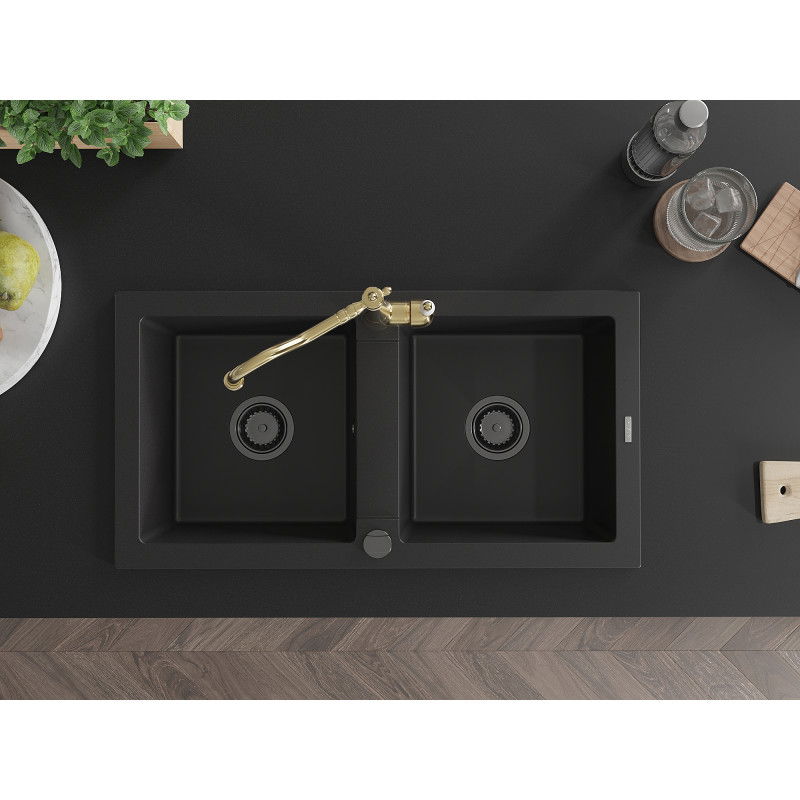 Mexen Mario žulový kuchynský drez s 2 komorami a kuchynskou batériou Carla, čierny - 6504-77-670700-50-B