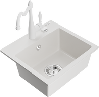 Mexen Milo granitový jednodrezový drez s kuchynskou batériou Carla, biely - 6505-20-670700-20