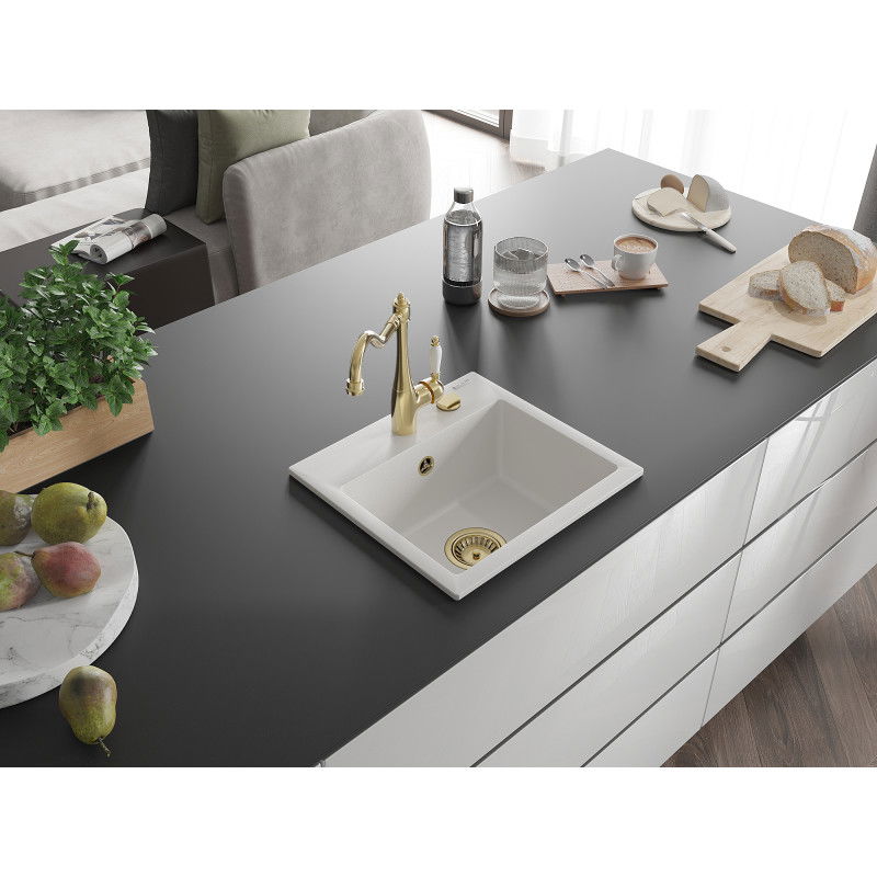 Mexen Milo žulový drez 1-komorový s kuchynskou batériou Carla, biela - 6505-20-670700-50