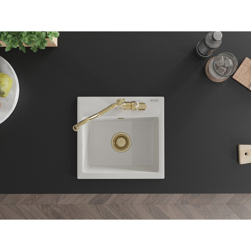 Mexen Milo žulový drez 1-komorový s kuchynskou batériou Carla, biela - 6505-20-670700-50