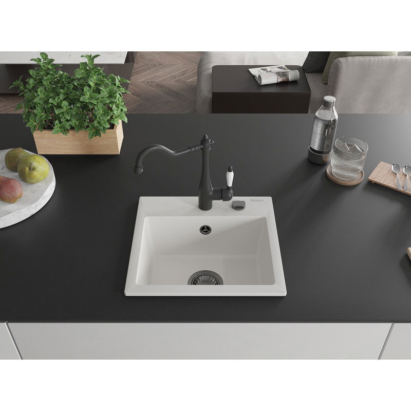 Mexen Milo žulový drez 1-komorový s kuchynskou batériou Carla, biely - 6505-20-670700-70