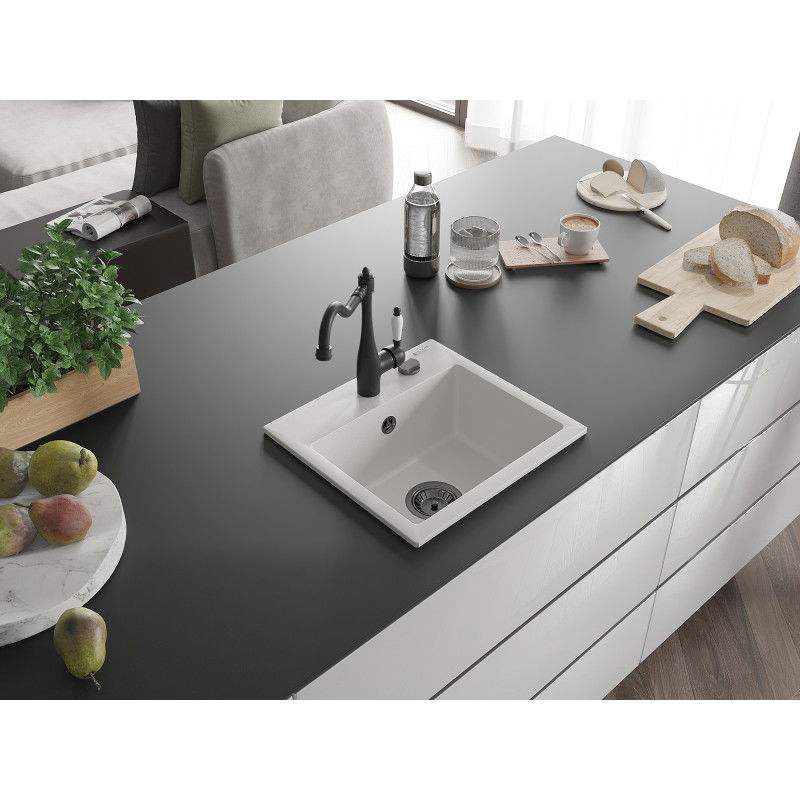 Mexen Milo žulový drez 1-komorový s kuchynskou batériou Carla, biely - 6505-20-670700-70