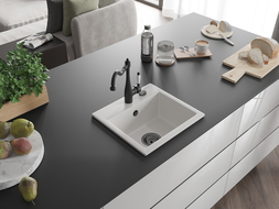 Mexen Milo žulový drez 1-komorový s kuchynskou batériou Carla, biely - 6505-20-670700-70