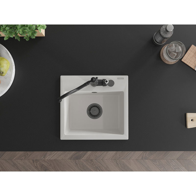 Mexen Milo žulový drez 1-komorový s kuchynskou batériou Carla, biely - 6505-20-670700-70