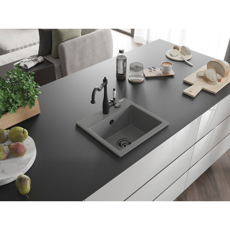 Mexen Milo žulový kuchynský drez 1-komorový s kuchynskou batériou Carla, sivý - 6505-71-670700-70-B