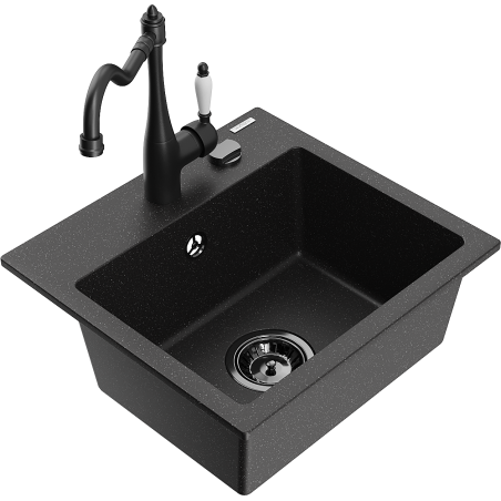 Mexen Milo jednokomorový granitový drez s kuchynskou batériou Carla, čierny/strieborný metalík - 6505-73-670700-70-B