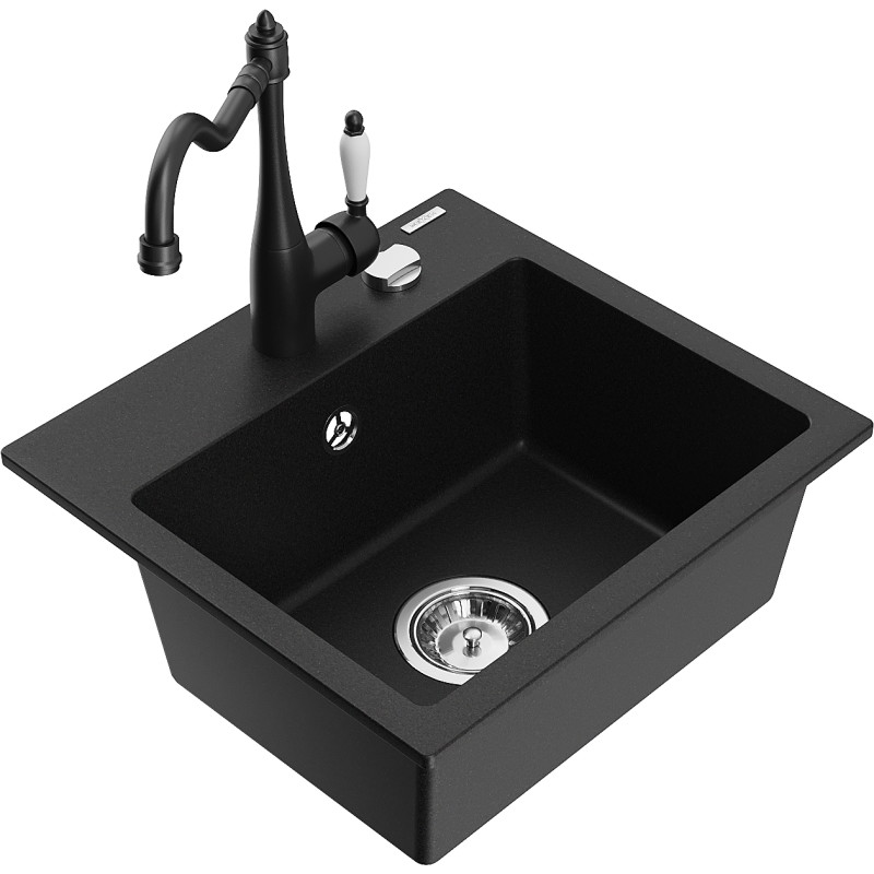 Mexen Milo granitový kuchynský drez s 1 komorou s kuchynskou batériou Carla, čierna - 6505-77-670700-70