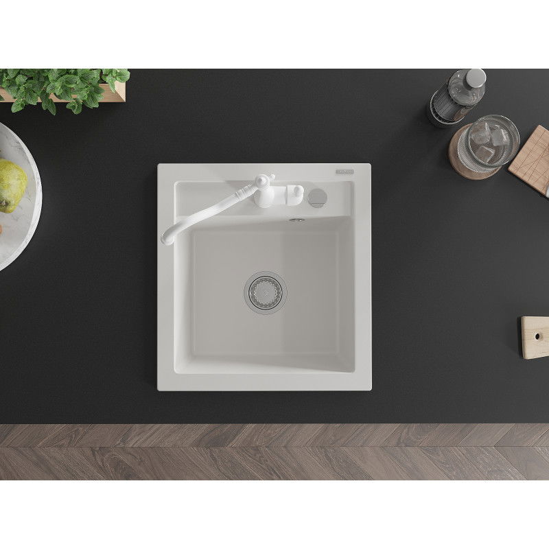 Mexen Vito granitový drez 1-komorový s kuchynskou batériou Carla, biely - 6503-20-670700-20