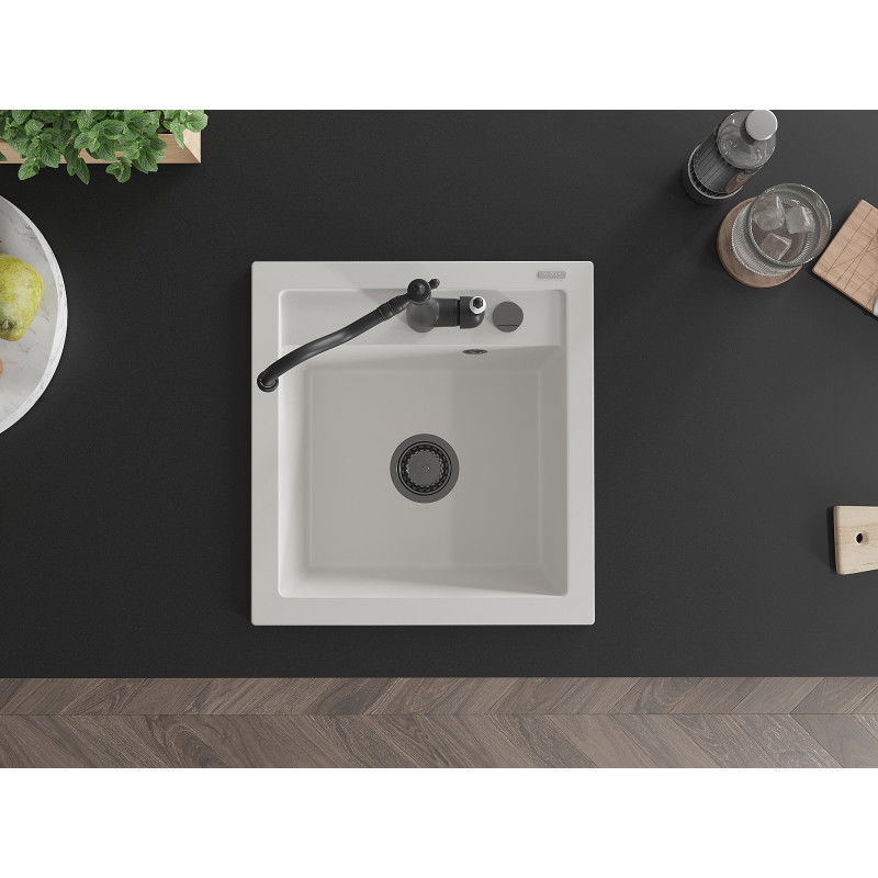 Mexen Vito žulový kuchynský drez s 1 komorou a kuchynskou batériou Carla, biely - 6503-20-670700-70
