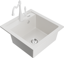 Mexen Vito granitový drez 1-komorový s kuchynskou batériou Carla, biely - 6503-20-670700-20