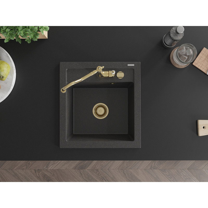 Mexen Vito žulový kuchynský drez s 1 komorou a kuchynskou batériou Carla, čierny s bodkami - 6503-76-670700-50