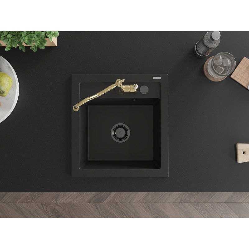 Mexen Vito žulový drez 1-komorový s kuchynskou batériou Carla, čierny - 6503-77-670700-50-B