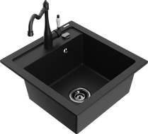 Mexen Vito granitový kuchynský drez s jednou komorou a kuchynskou batériou Carla, čierny - 6503-77-670700-70-B