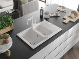 Mexen Pablo granitový kuchynský drez 1-komorový s odkvapkávačom a kuchynskou batériou Carla, biely - 6510-20-670700-20