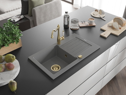 Mexen Pablo žulový kuchynský drez 1-komorový s odkvapkávačom a kuchynskou batériou Carla, sivý - 6510-71-670700-50
