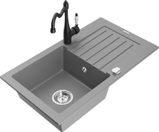 Mexen Pablo granitový drez 1-komorový s odkvapkávačom a kuchynskou batériou Carla, sivý - 6510-71-670700-70