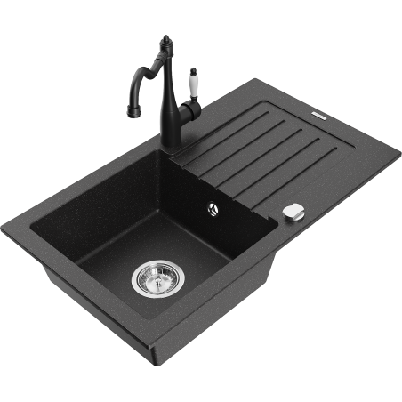 Mexen Pablo granitový drez 1-komorový s odkvapkávačom a kuchynskou batériou Carla, čierny/strieborný metalik
