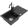 Mexen Pablo granitový drez 1-komorový s odkvapkávačom a kuchynskou batériou Carla, čierny/strieborný metalik